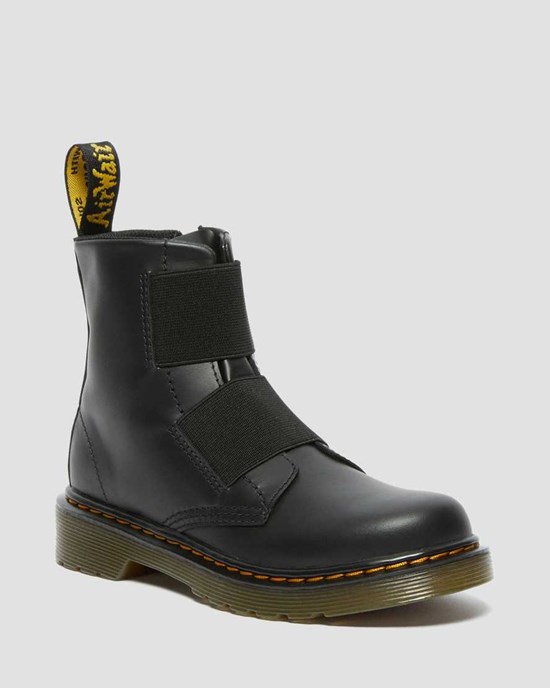 Kids' Dr Martens Junior 1460 Elastic Leather Lace Up Boots Black Romario | 962YPJBFH