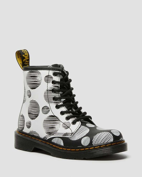 Kids' Dr Martens Junior 1460 Polka Dot Leather Lace Up Boots Black Hydro Leather | 204AYSCDQ