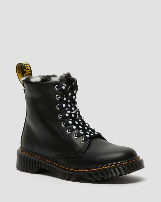 Kids' Dr Martens Junior 1460 Serena Faux Fur Lined Leather Lace Up Boots Black Romario | 394TOFRNJ