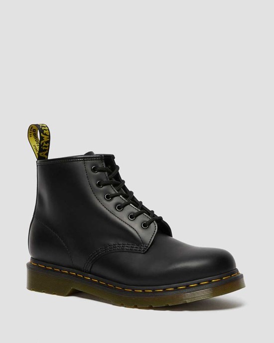 Men's Dr Martens 101 Yellow Stitch Smooth Leather Lace Up Boots Black Smooth Leather | 351NSLUOD