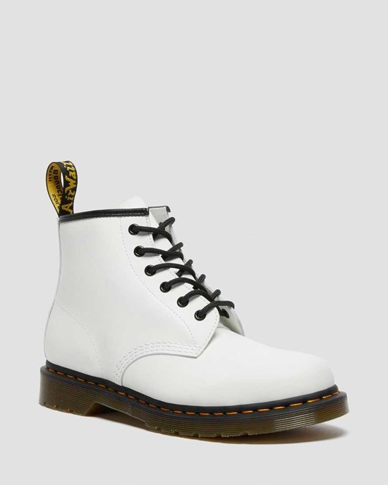 Men's Dr Martens 101 Yellow Stitch Smooth Leather Ankle Boots White Smooth Leather | 365AWULZO