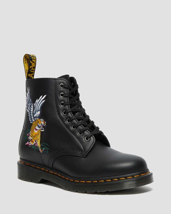 Men's Dr Martens 1460 Souvenir Embroidered Leather Lace Up Boots Black Nappa | 301BGXRSD