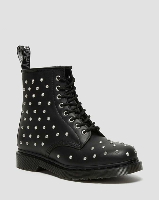 Men's Dr Martens 1460 Stud Wanama Leather Lace Up Boots Black Wanama | 296KJSQRY