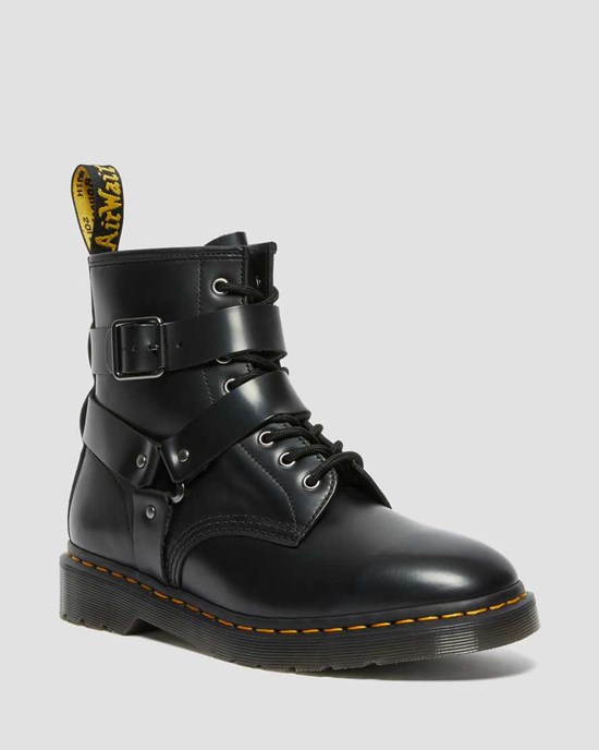 Men's Dr Martens Cristofor Leather Harness Ankle Boots Black Polished Smooth | 917XQOGMZ