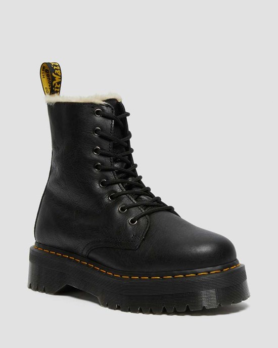 Men's Dr Martens Jadon Leather Faux Fur Lined Platform Lace Up Boots Black Pisa | 410EPULSK