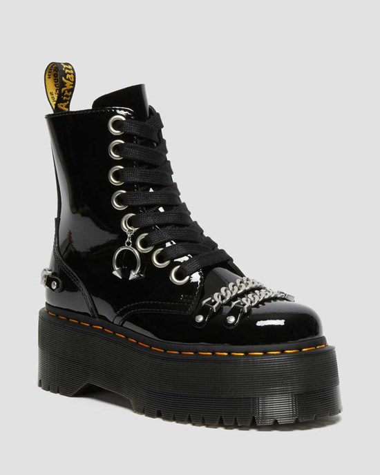 Men's Dr Martens Jadon Max Chain Patent Leather Zip Up Boots Black Patent Lamper | 147DNVMUB