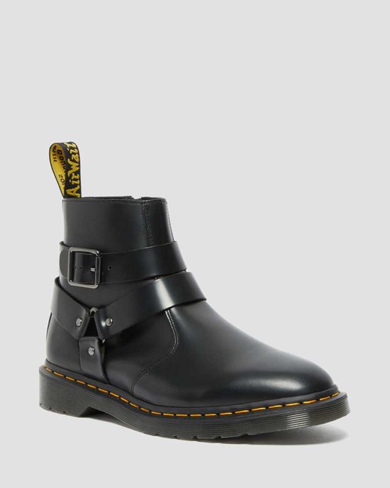 Men's Dr Martens Jaimes Leather Harness Ankle Boots Black Polished Smooth | 047SOEMVY