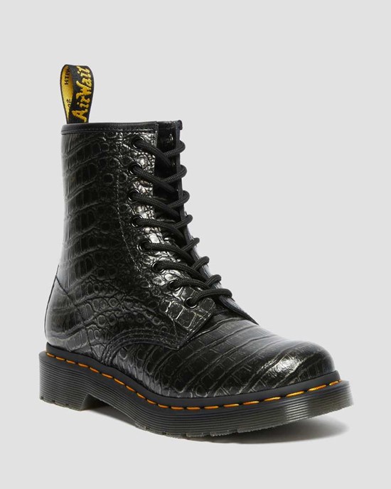 Women's Dr Martens 1460 Croc Emboss Leather Lace Up Boots Gunmetal Wild Croc | 245CJVFWY