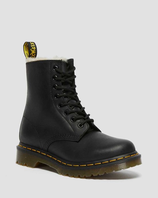 Women's Dr Martens 1460 Faux Fur Lined Lace Up Boots Black Burnished Wyoming | 316VYABEX