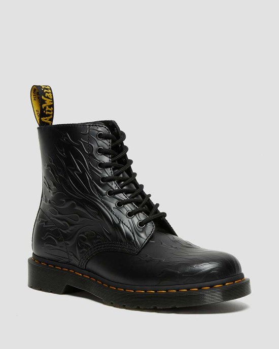 Women's Dr Martens 1460 Flames Emboss Leather Lace Up Boots Black Flame Polished Smooth | 371OWVZLU