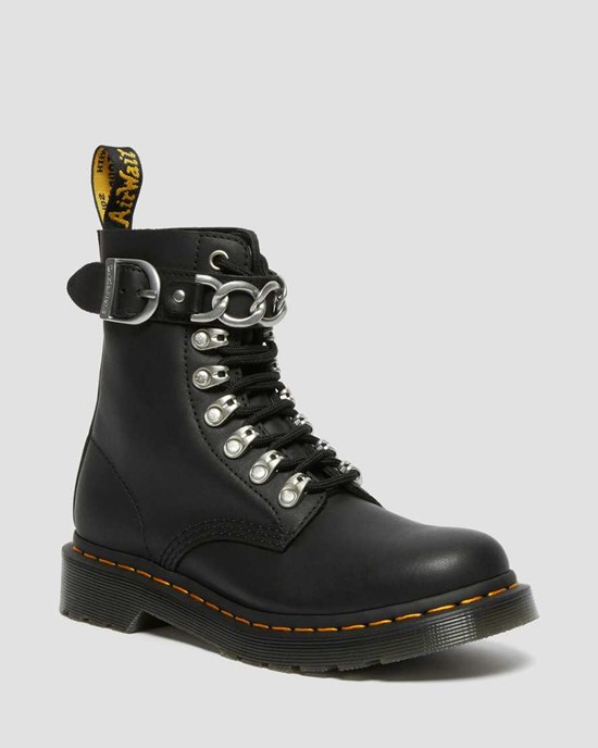 Women's Dr Martens 1460 Pascal Chain Leather Lace Up Boots Black Sendal | 451DHOXCA
