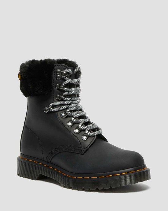 Women's Dr Martens 1460 Serena Collar Faux Fur Lined Lace Up Boots Black Streeter | 429MANUQB