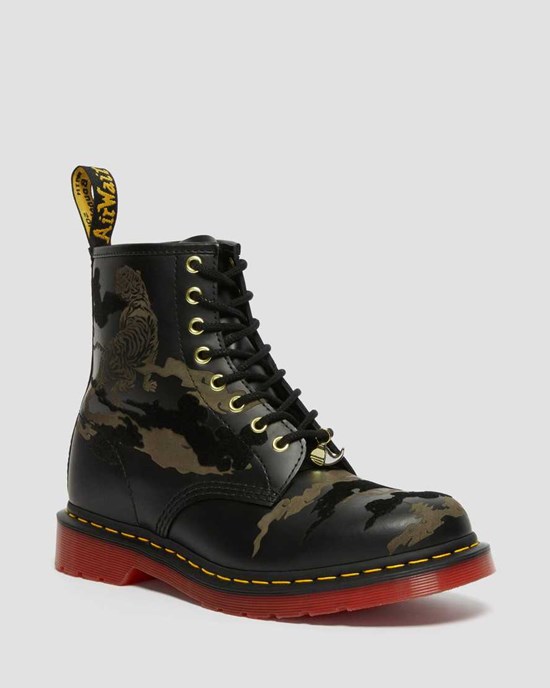 Women's Dr Martens 1460 Year of The Tiger Leather Lace Up Boots Black Smooth Leather | 160IGVYDL