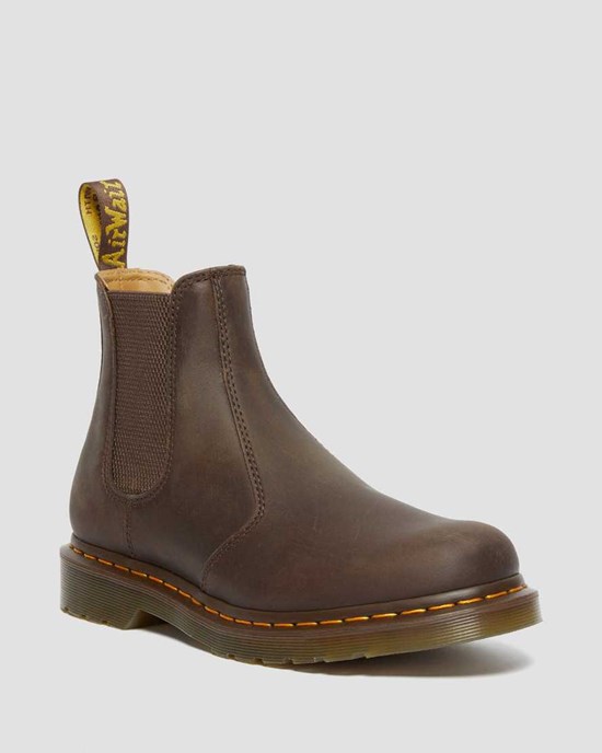 Women's Dr Martens 2976 Yellow Stitch Crazy Horse Leather Chelsea Boots Dark Brown Crazy Horse Leather | 236TAVSDE