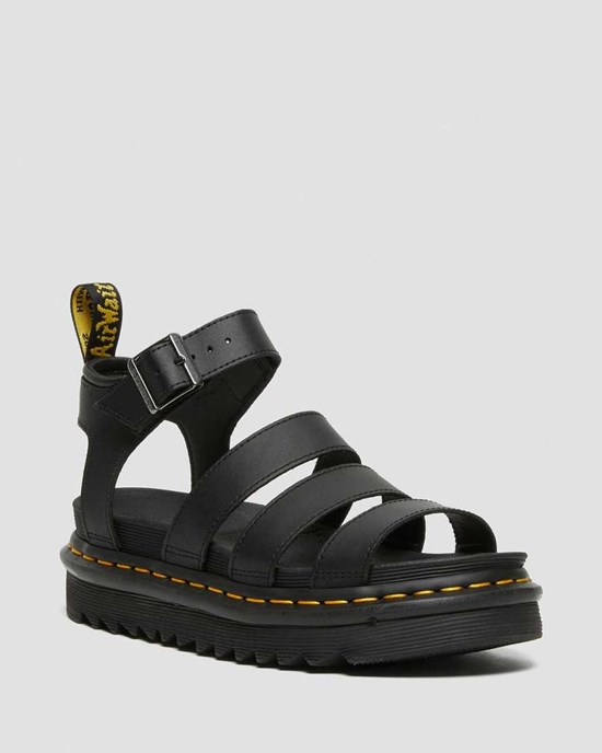 Women's Dr Martens Blaire Hydro Leather Strap Sandals Black Hydro Leather | 256KRMWHU