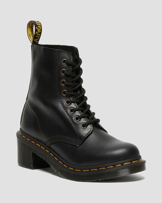 Women's Dr Martens Clemency Leather Heeled Lace Up Boots Black Wanama | 793SIXMEB