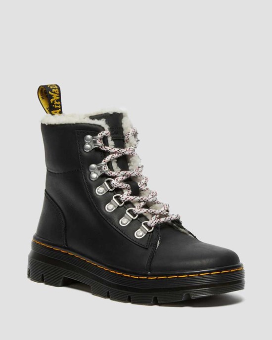 Women's Dr Martens Combs Faux Shearling Lined Lace Up Boots Black Wyoming | 605BVHKEW