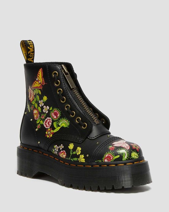 Women's Dr Martens Sinclair Floral Bloom Leather Ankle Boots Black | 768TXNJOB