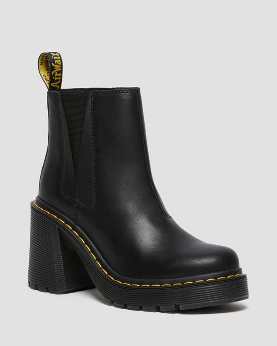 Women's Dr Martens Spence Leather Flared Heel Chelsea Boots Black Sendal | 968XUOBAD