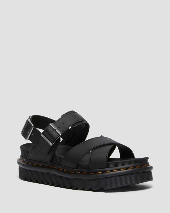 Women's Dr Martens Voss II Leather Strap Sandals Black Hydro Leather | 235PKMTRF