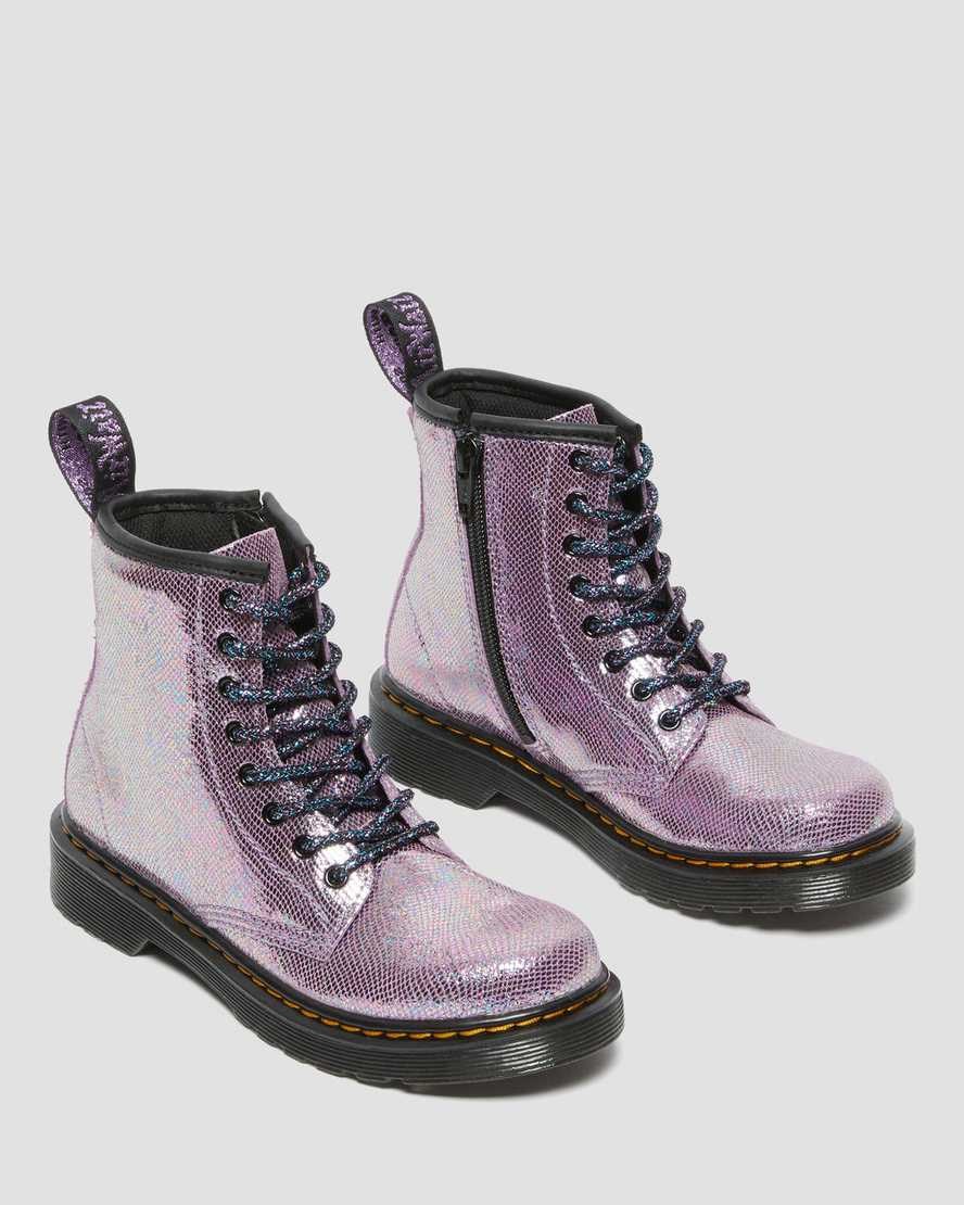 Kids' Dr Martens Junior 1460 Iridescent Leather Lace Up Boots Purple Reptile Iridescent | 395RJQDAO