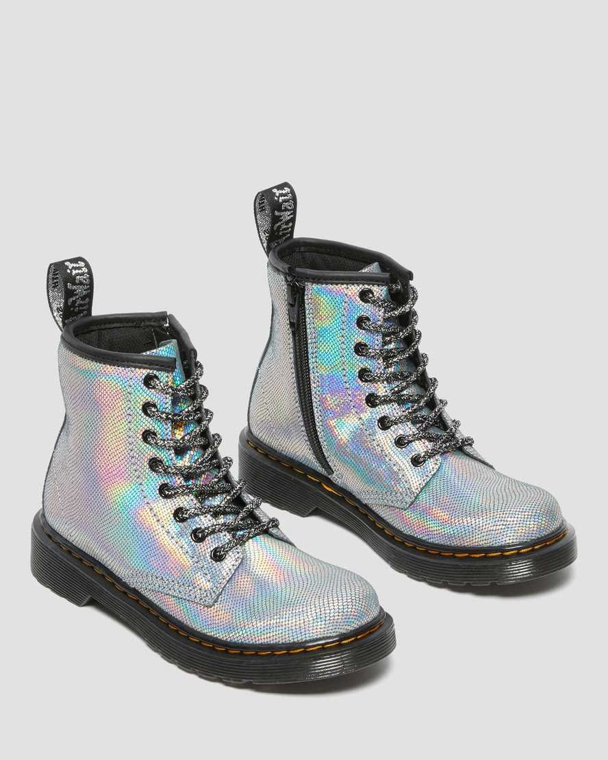 Kids' Dr Martens Junior 1460 Iridescent Leather Lace Up Boots Silver Reptile Iridescent | 584JRIXOT