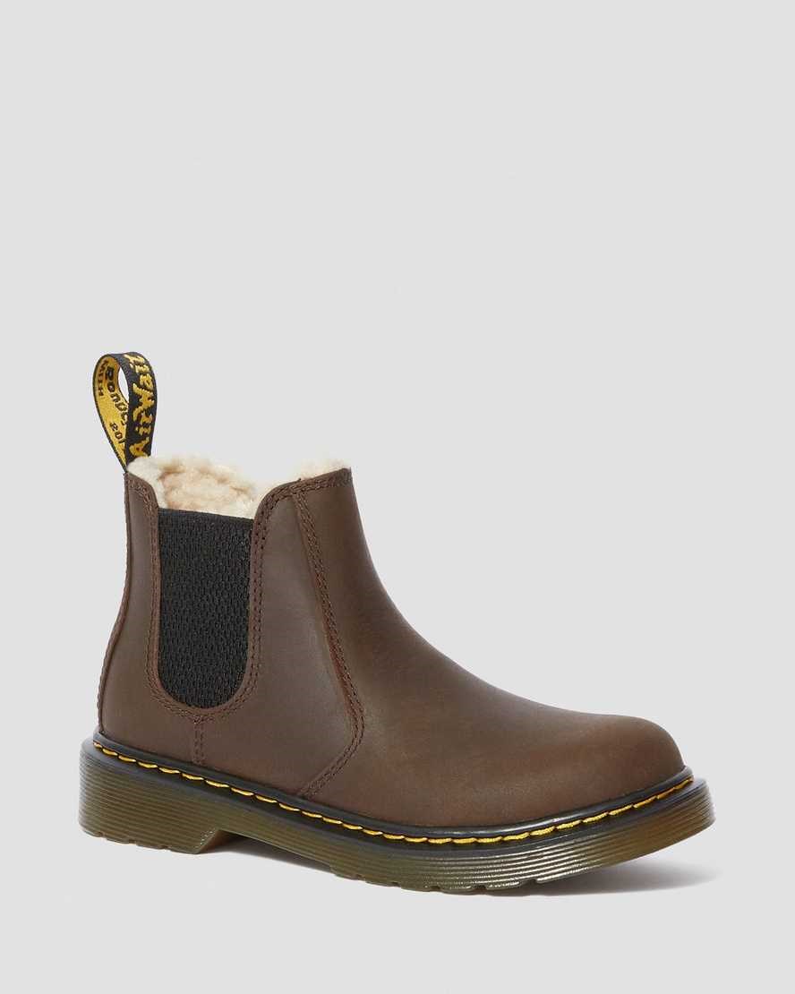 Kids' Dr Martens Junior 2976 Faux Fur Lined Chelsea Boots Dark Brown Republic Wp | 295NOXTQZ