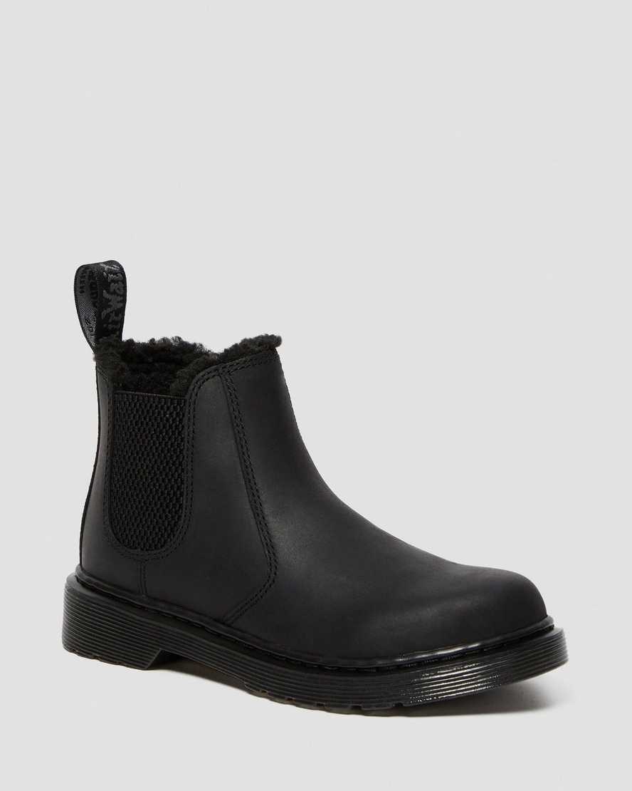 Kids' Dr Martens Junior 2976 Faux Fur Lined Chelsea Boots Black Republic Wp | 720CKATZQ