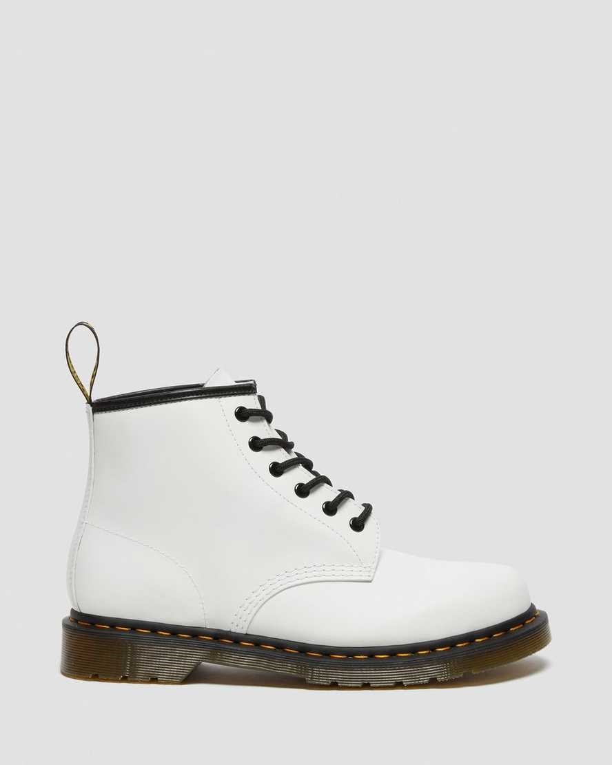 Men's Dr Martens 101 Yellow Stitch Smooth Leather Ankle Boots White Smooth Leather | 365AWULZO