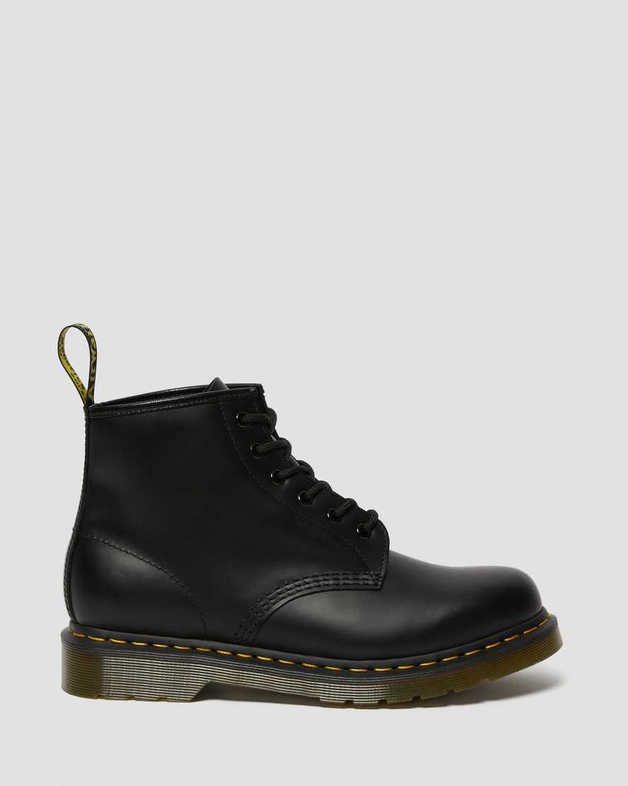 Men's Dr Martens 101 Yellow Stitch Smooth Leather Ankle Boots Black Smooth Leather | 981MFKZCO