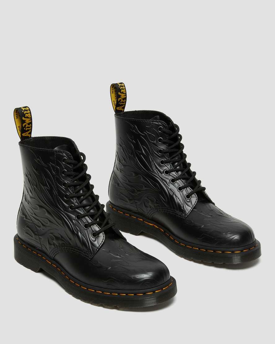 Men's Dr Martens 1460 Flames Emboss Leather Lace Up Boots Black Flame Polished Smooth | 698ZRQNBY