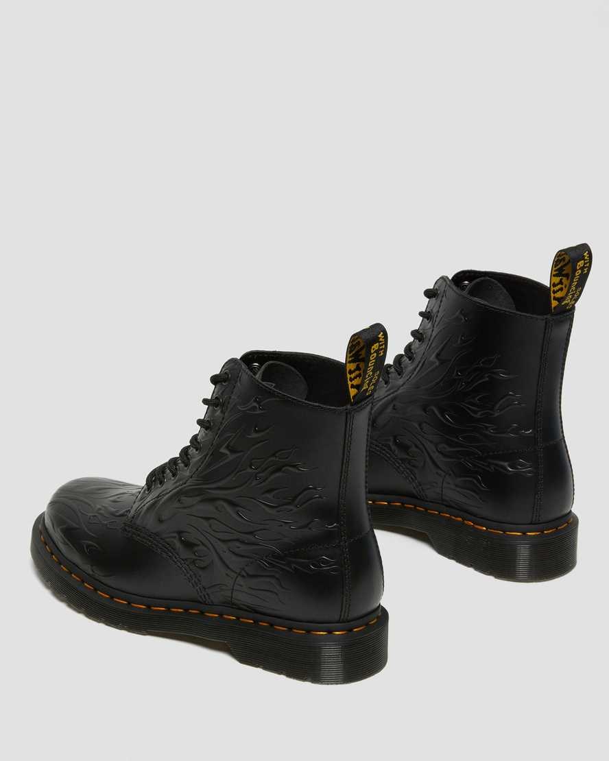 Men's Dr Martens 1460 Flames Emboss Leather Lace Up Boots Black Flame Polished Smooth | 698ZRQNBY