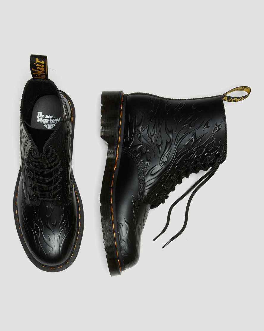 Men's Dr Martens 1460 Flames Emboss Leather Lace Up Boots Black Flame Polished Smooth | 698ZRQNBY