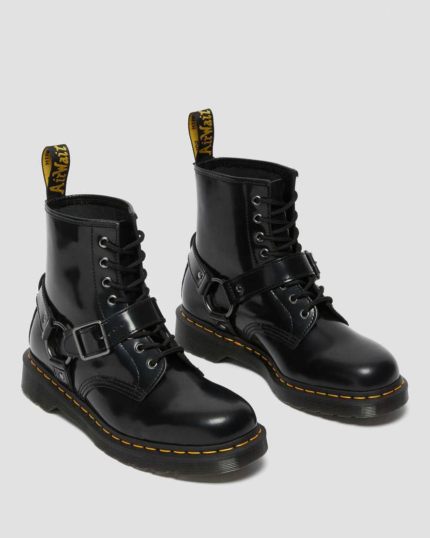 Men's Dr Martens 1460 Harness Leather Lace Up Boots Black Polished Smooth | 709OQGSCI