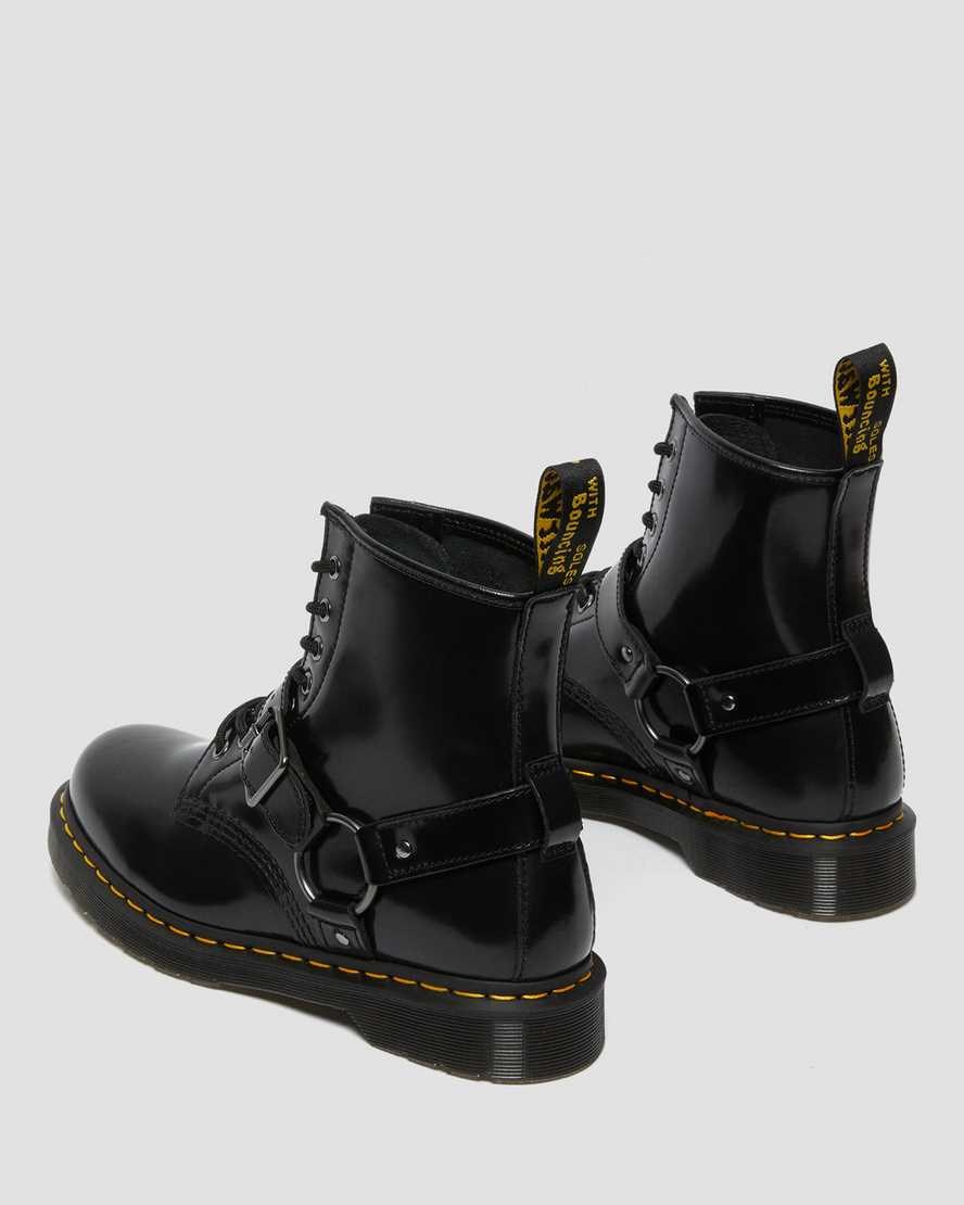 Men's Dr Martens 1460 Harness Leather Lace Up Boots Black Polished Smooth | 709OQGSCI