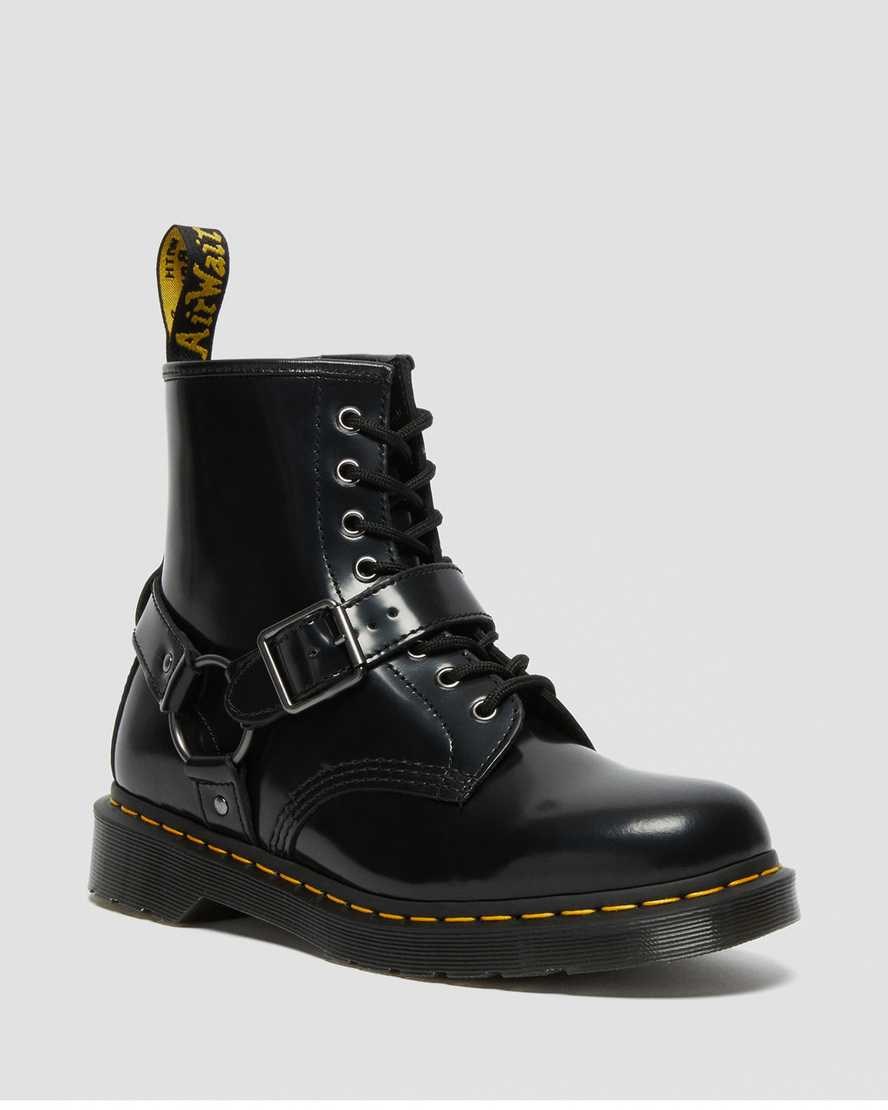 Men\'s Dr Martens 1460 Harness Leather Lace Up Boots Black Polished Smooth | 709OQGSCI