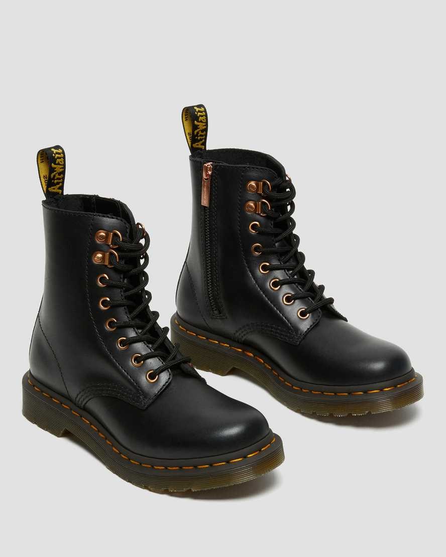 Men's Dr Martens 1460 Pascal Rose Gold Hardware Leather Zip Up Boots Black Wanama | 157SAUTYV