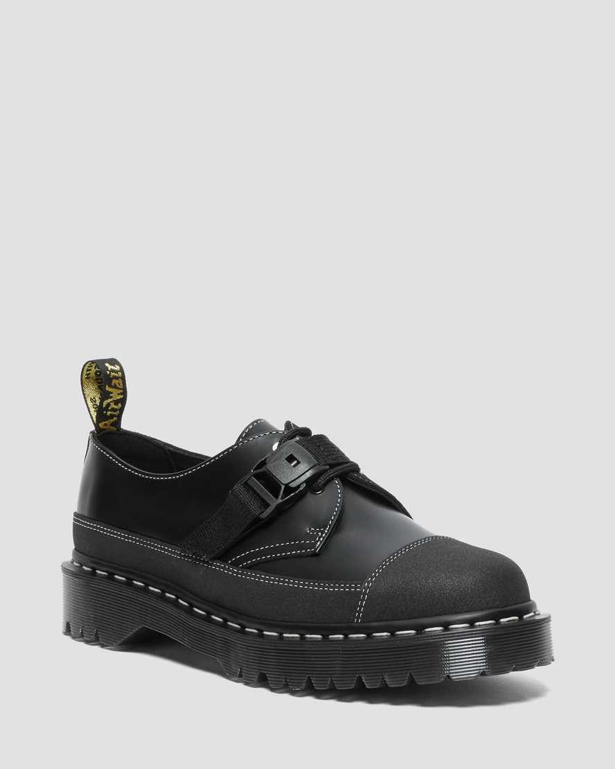 Men's Dr Martens 1461 Tech Made in England Buckle Oxford Shoes Black Smooth Leather | 138RWNDBX