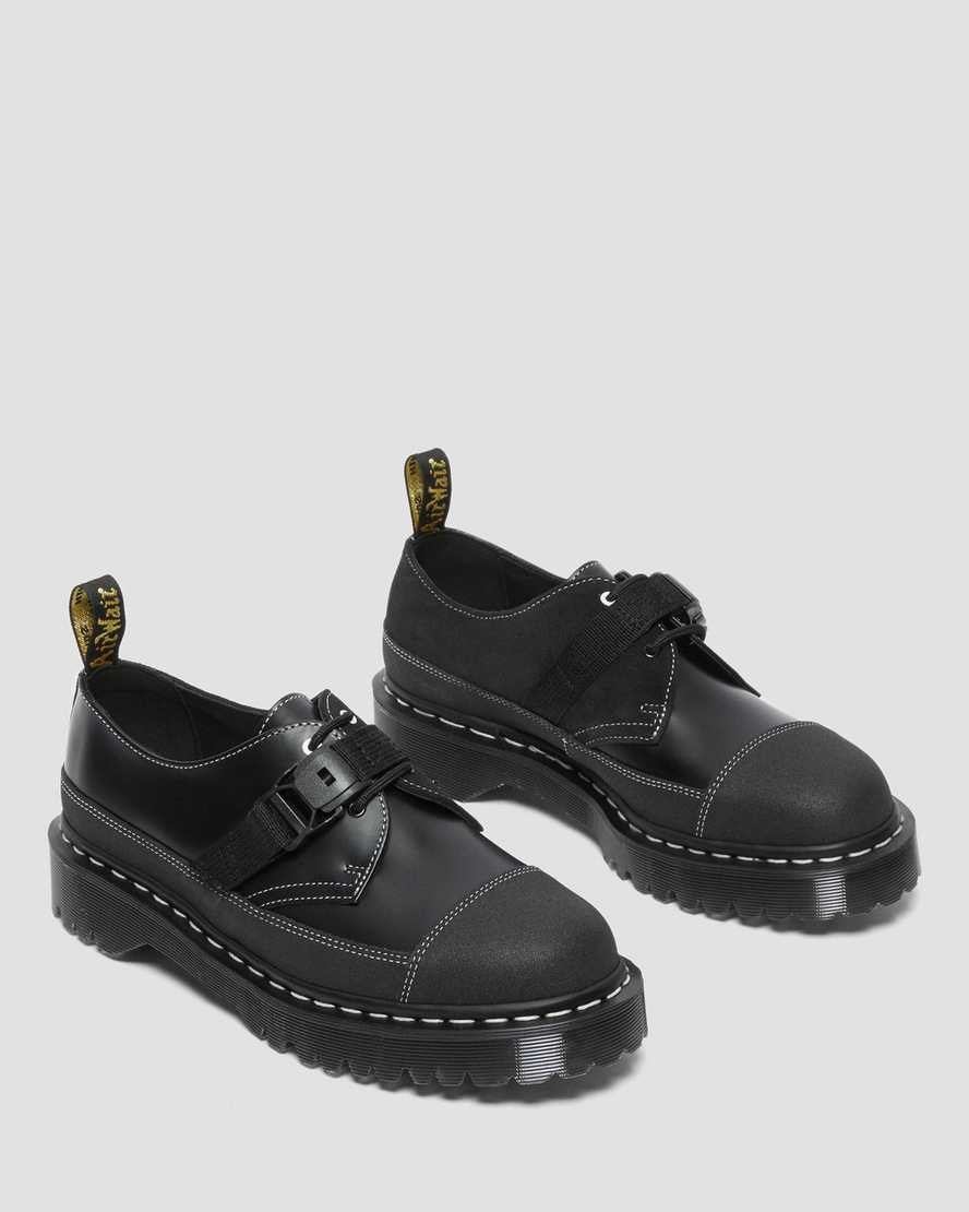 Men's Dr Martens 1461 Tech Made in England Buckle Oxford Shoes Black Smooth Leather | 138RWNDBX