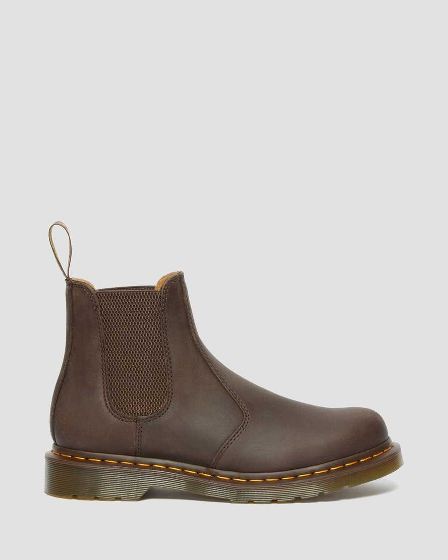 Men's Dr Martens 2976 Yellow Stitch Crazy Horse Leather Ankle Boots Dark Brown Crazy Horse Leather | 376RGLNKT