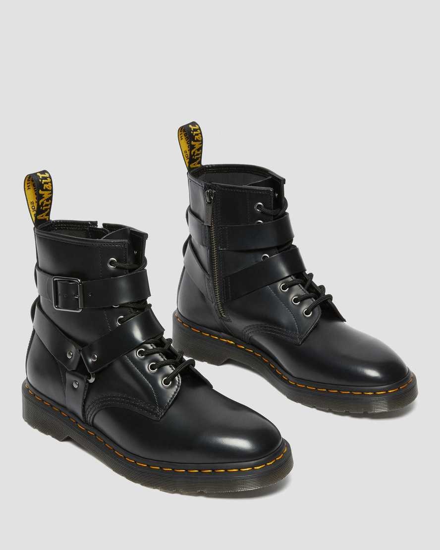 Men's Dr Martens Cristofor Leather Harness Lace Up Boots Black Polished Smooth | 273OGIBWP