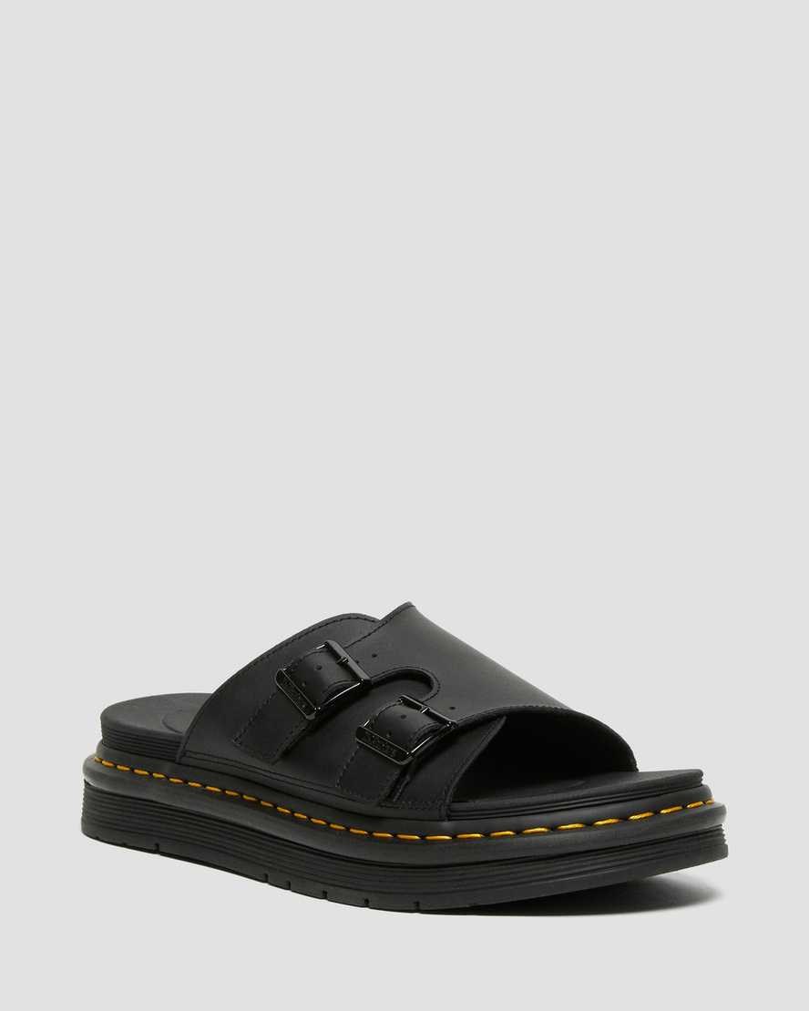 Men's Dr Martens Dax Leather Slide Sandals Black Hydro Leather | 315HERLGI