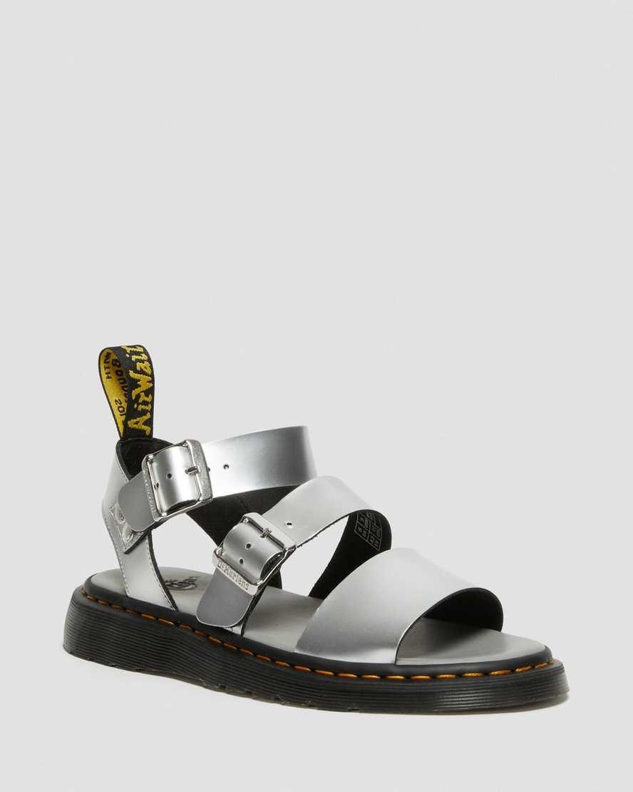 Men's Dr Martens Gryphon Metallic Leather Gladiator Sandals Silver | 472WDPHJO