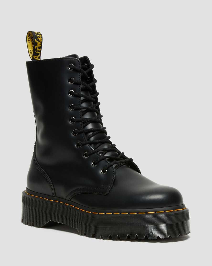 Men\'s Dr Martens Jadon Hi Smooth Leather Zip Up Boots Black Polished Smooth | 345AXYMEB