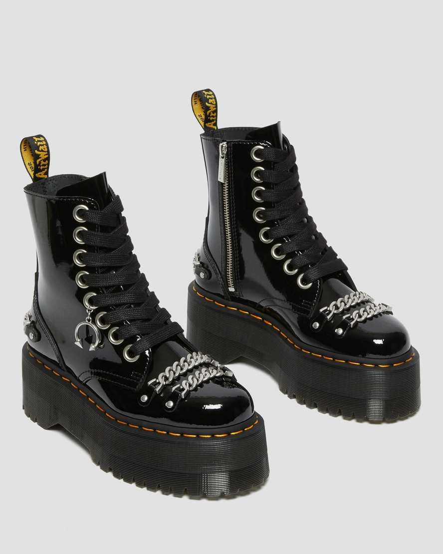 Men's Dr Martens Jadon Max Chain Patent Leather Zip Up Boots Black Patent Lamper | 147DNVMUB