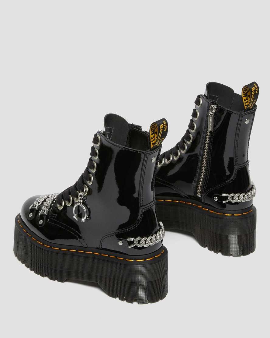 Men's Dr Martens Jadon Max Chain Patent Leather Zip Up Boots Black Patent Lamper | 147DNVMUB