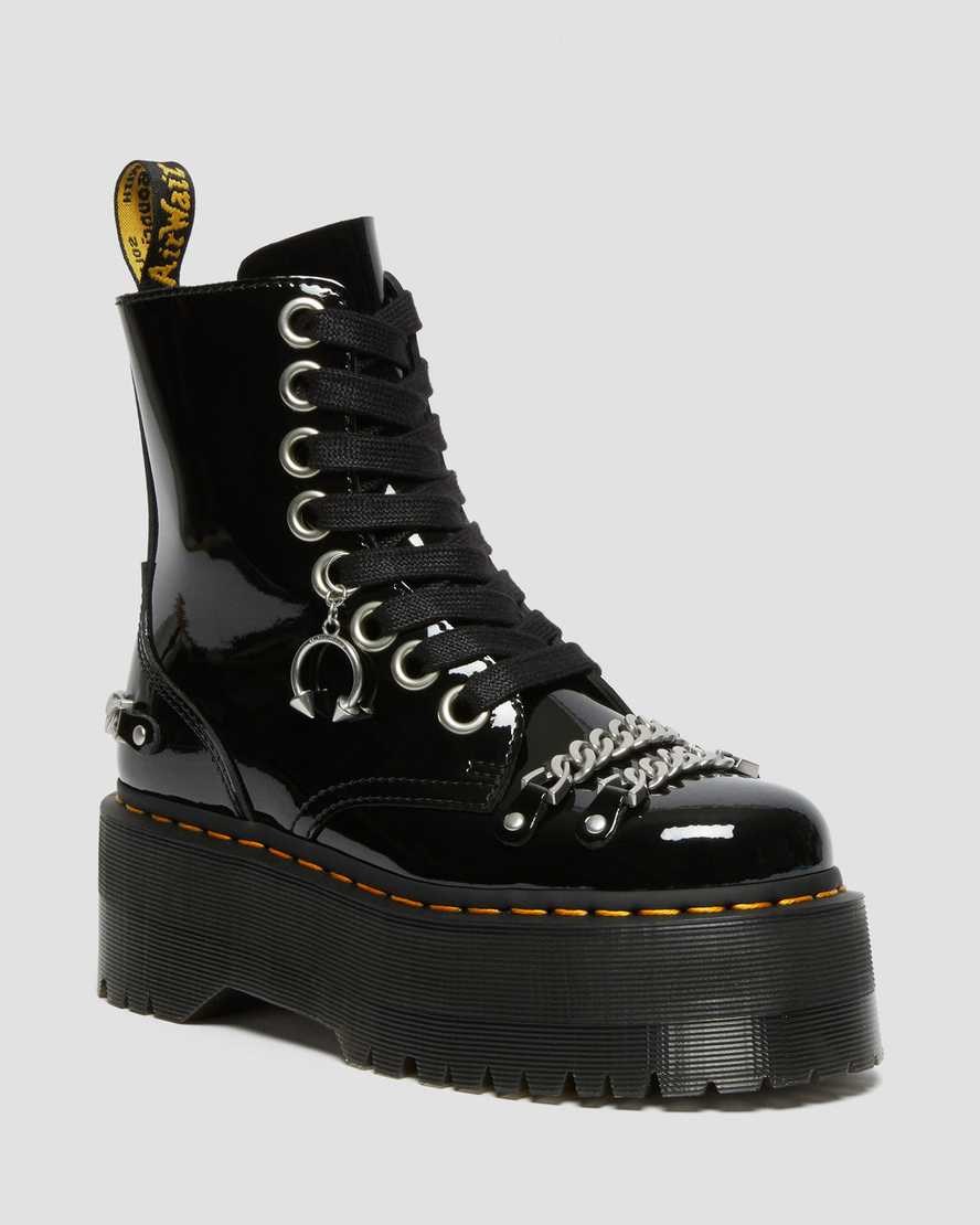 Men\'s Dr Martens Jadon Max Chain Patent Leather Zip Up Boots Black Patent Lamper | 147DNVMUB