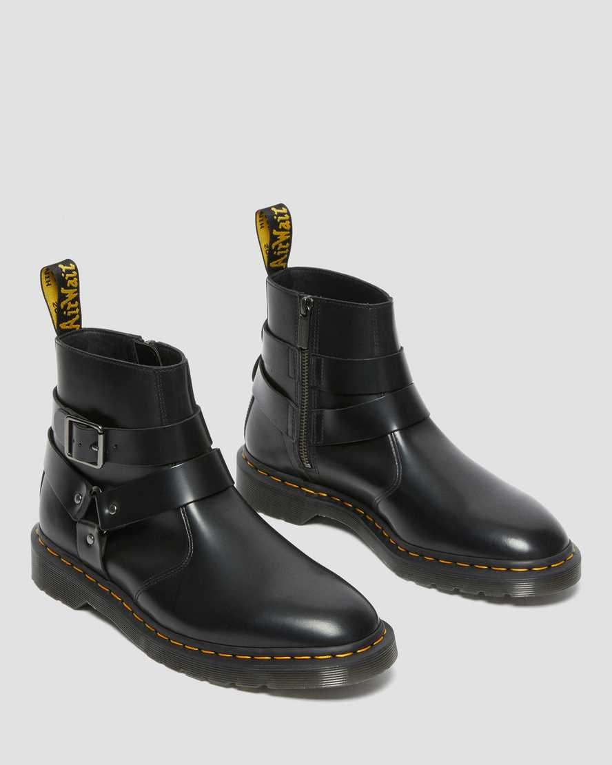 Men's Dr Martens Jaimes Leather Harness Zip Up Boots Black Polished Smooth | 645YKAFRN