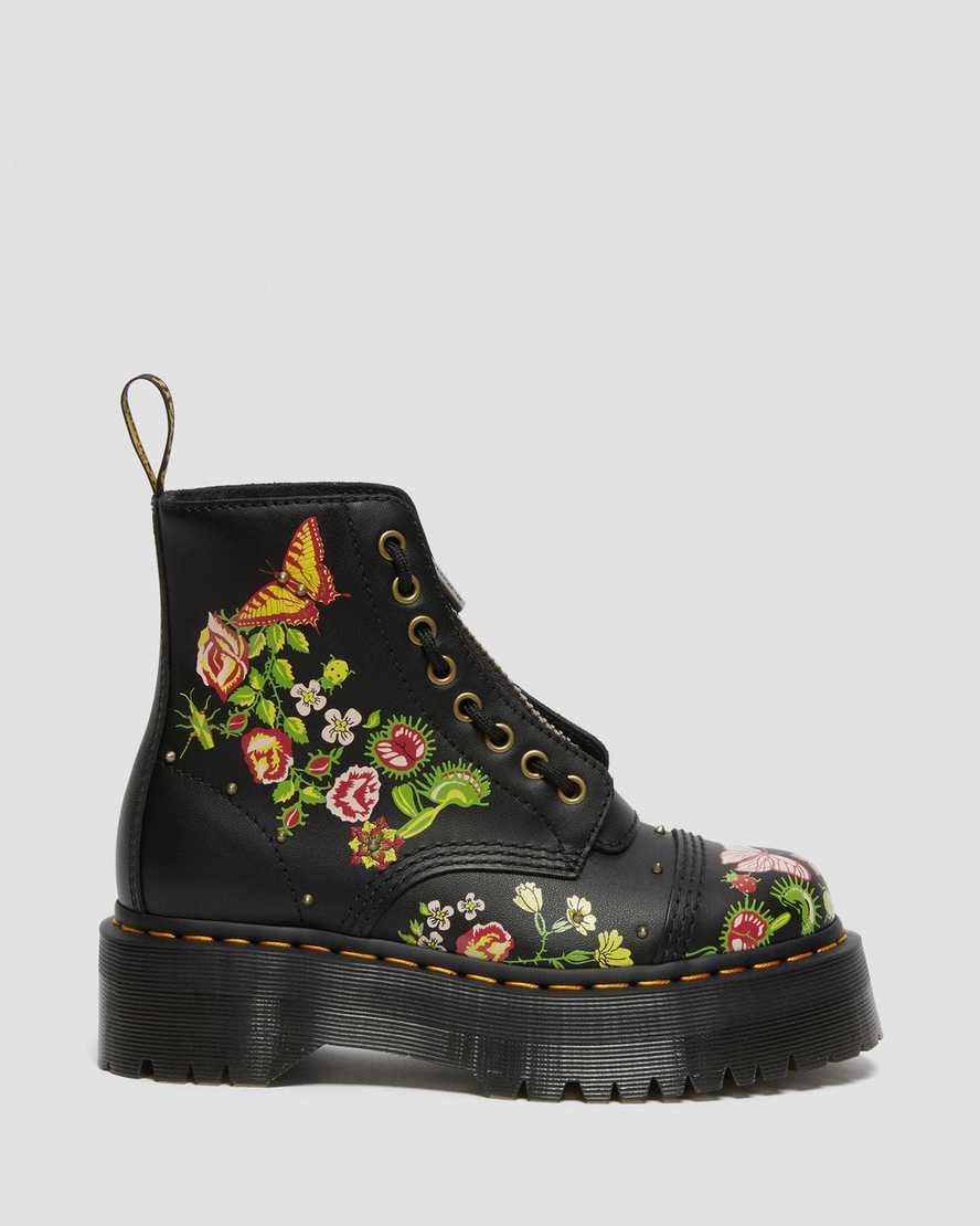 Men's Dr Martens Sinclair Floral Bloom Leather Zip Up Boots Black | 863MHRVOF