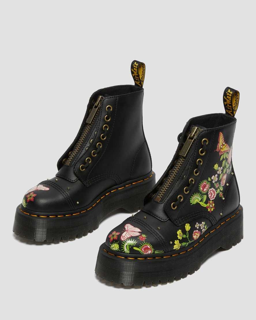 Men's Dr Martens Sinclair Floral Bloom Leather Zip Up Boots Black | 863MHRVOF